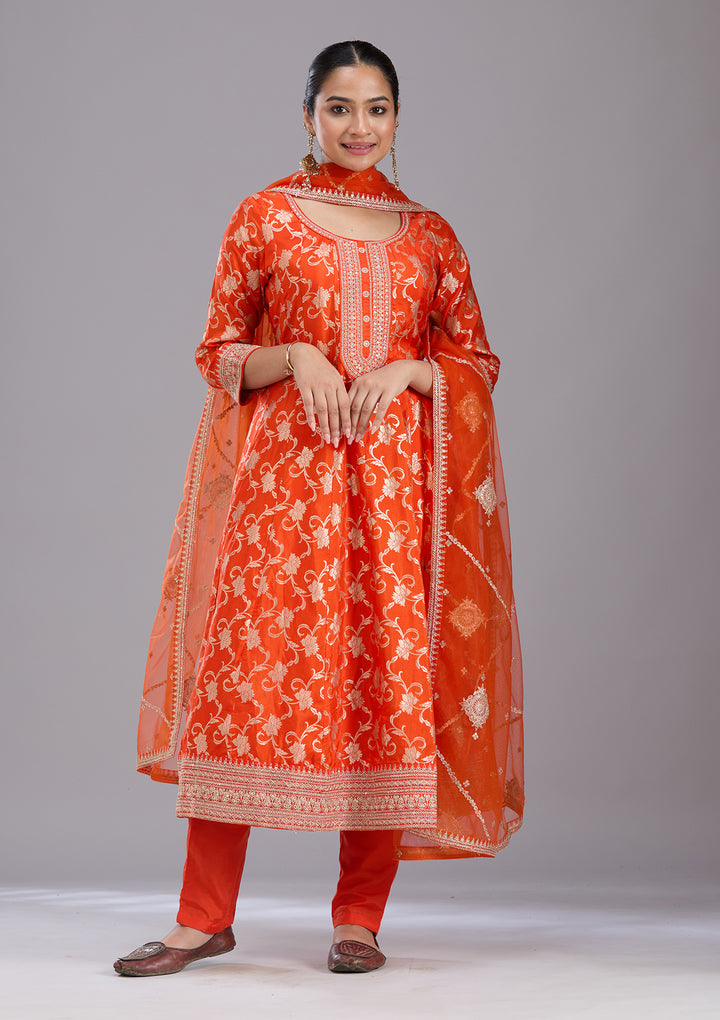 Orange Zariwork Brocade Readymade Salwar Suit