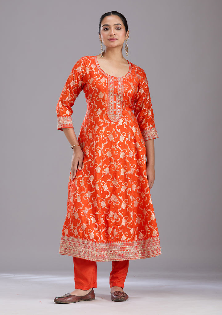 Orange Zariwork Brocade Readymade Salwar Suit