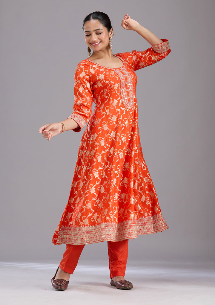 Orange Zariwork Brocade Readymade Salwar Suit