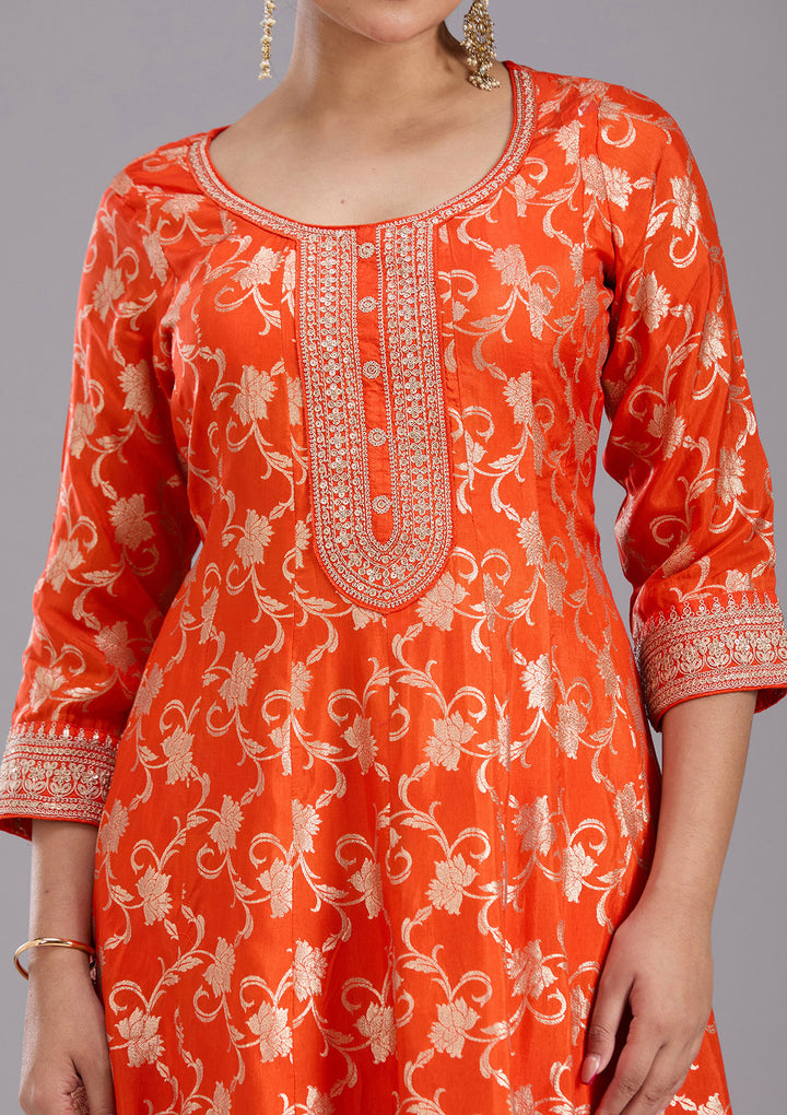Orange Zariwork Brocade Readymade Salwar Suit
