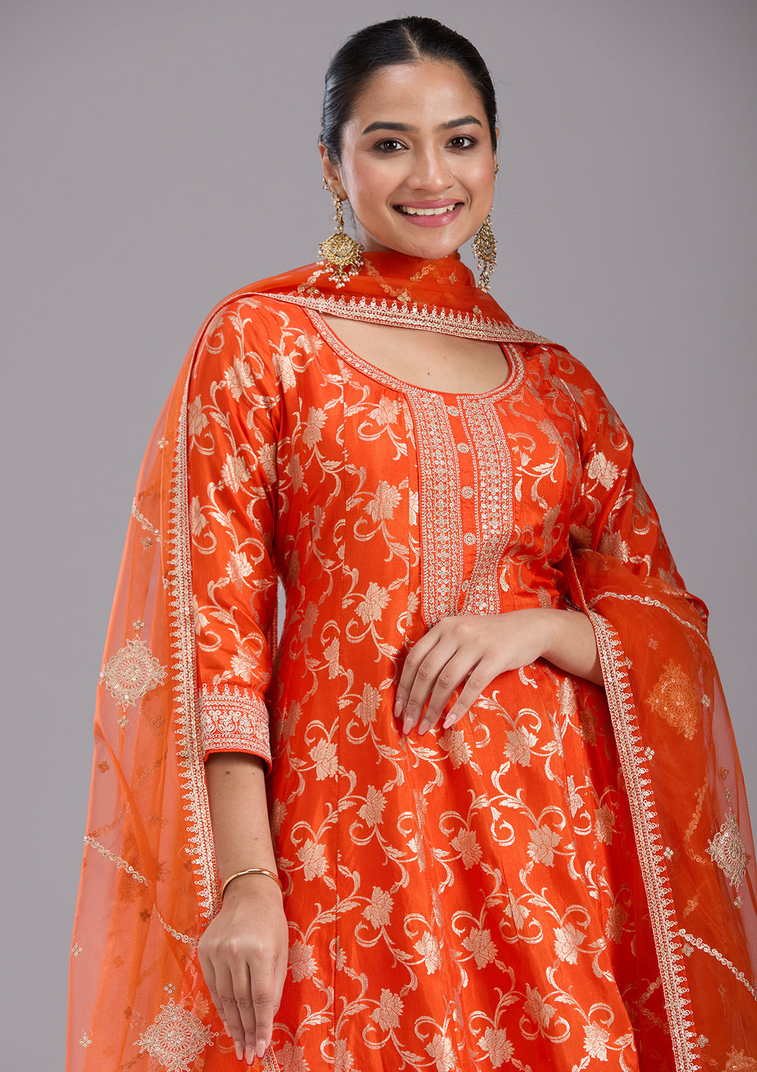 Orange Zariwork Brocade Readymade Salwar Suit