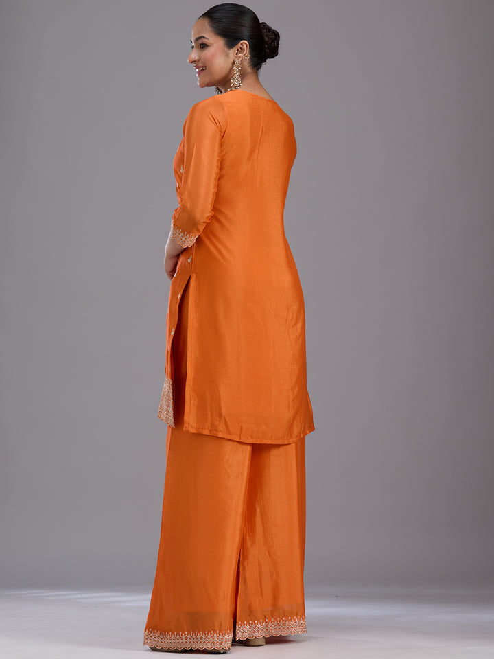 Orange Sequins Soft Raw Silk Readymade Salwar Suit