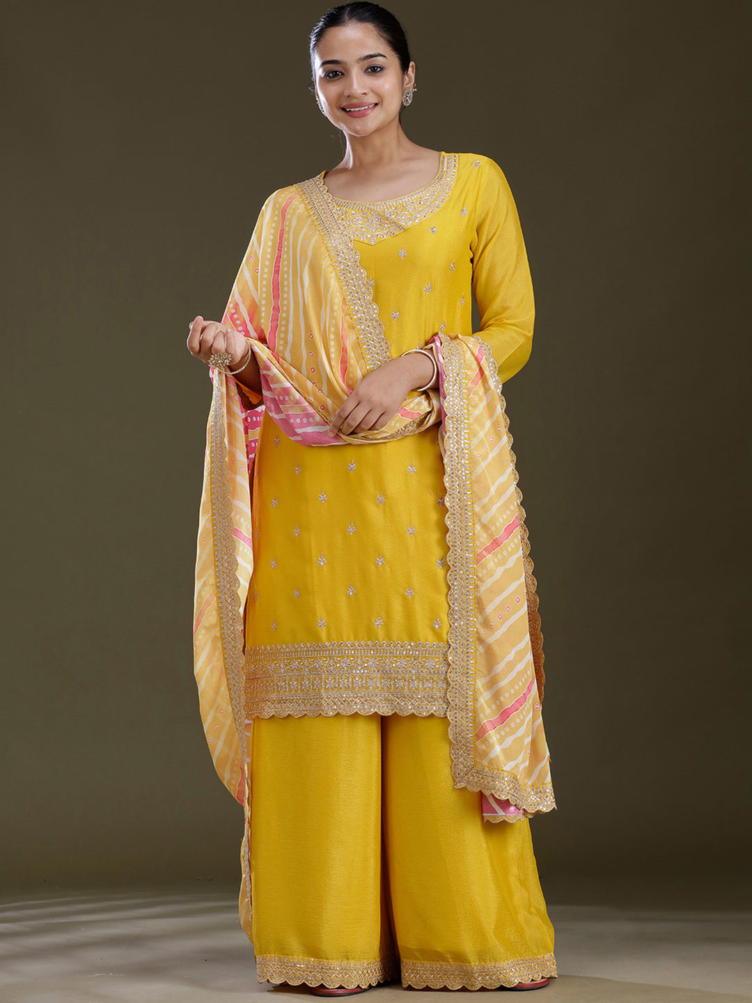 Yellow Sequins Soft Raw Silk Readymade Salwar Suit