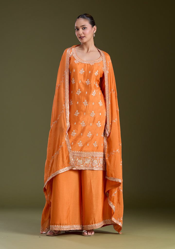 Orange Sequins Soft Raw Silk Readymade Salwar Suit