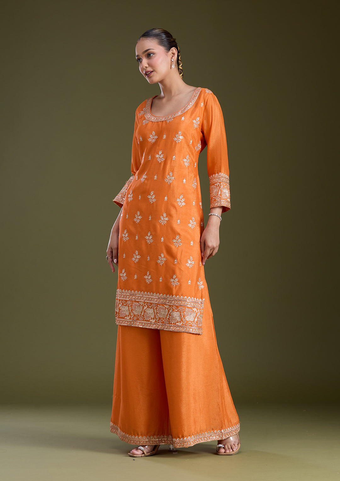 Orange Sequins Soft Raw Silk Readymade Salwar Suit