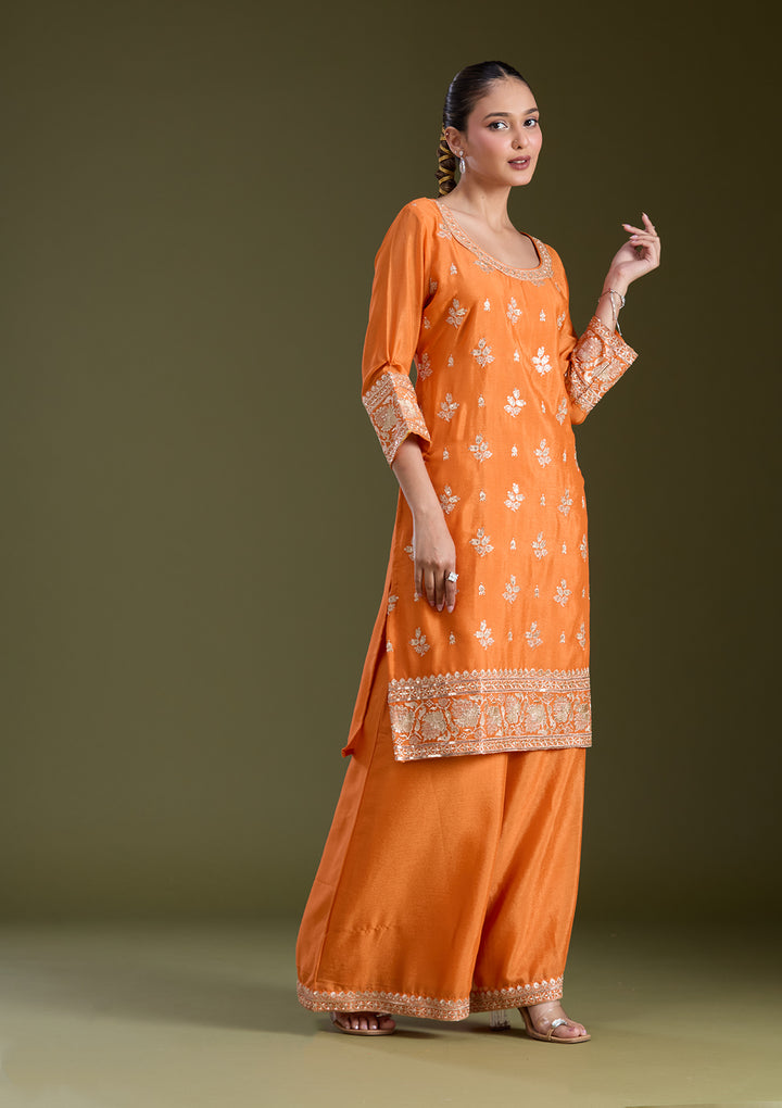 Orange Sequins Soft Raw Silk Readymade Salwar Suit