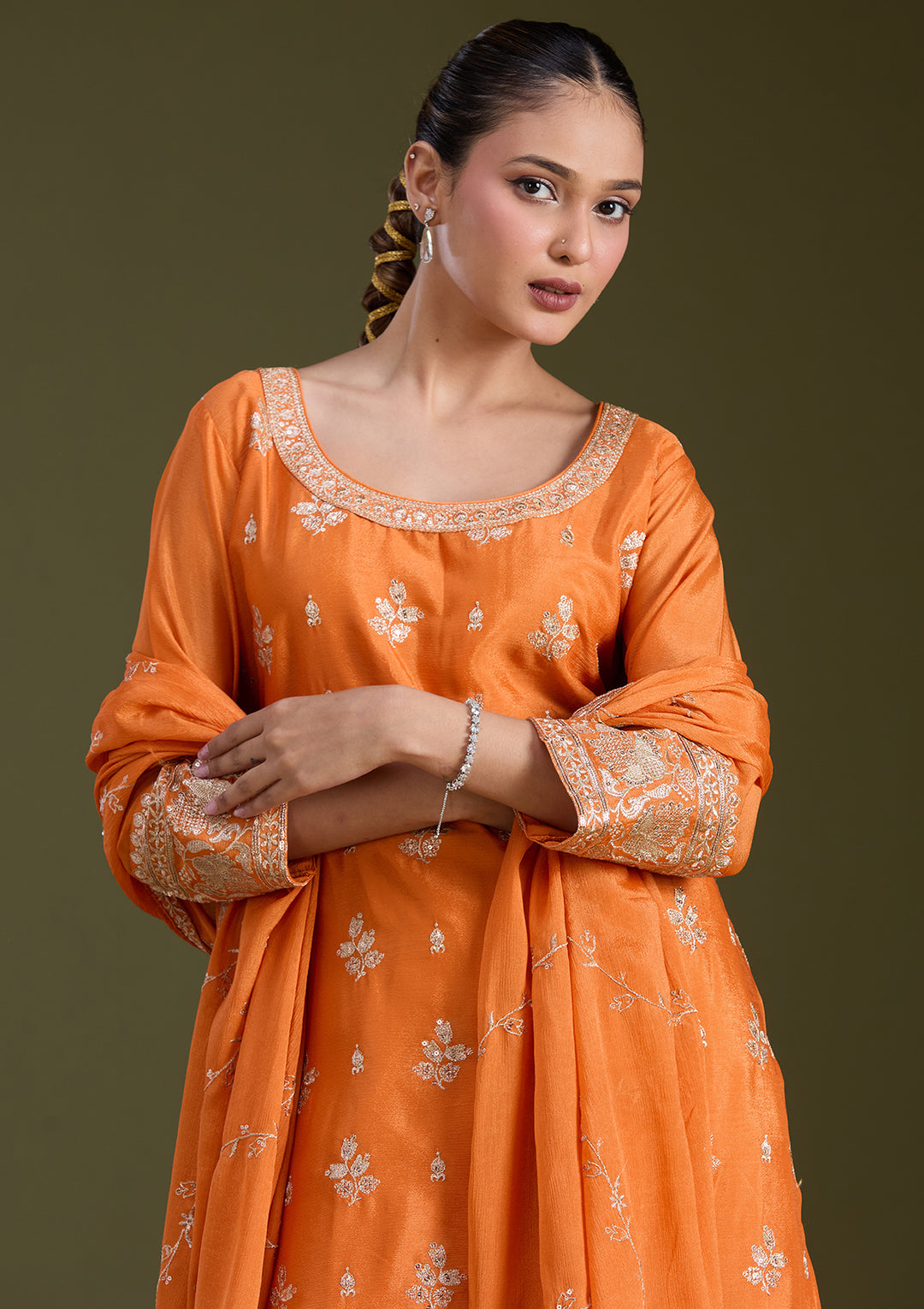 Orange Sequins Soft Raw Silk Readymade Salwar Suit
