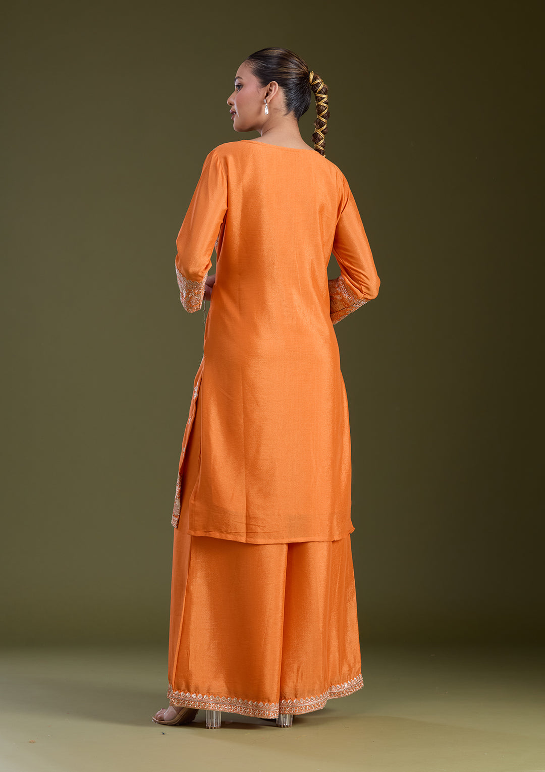 Orange Sequins Soft Raw Silk Readymade Salwar Suit