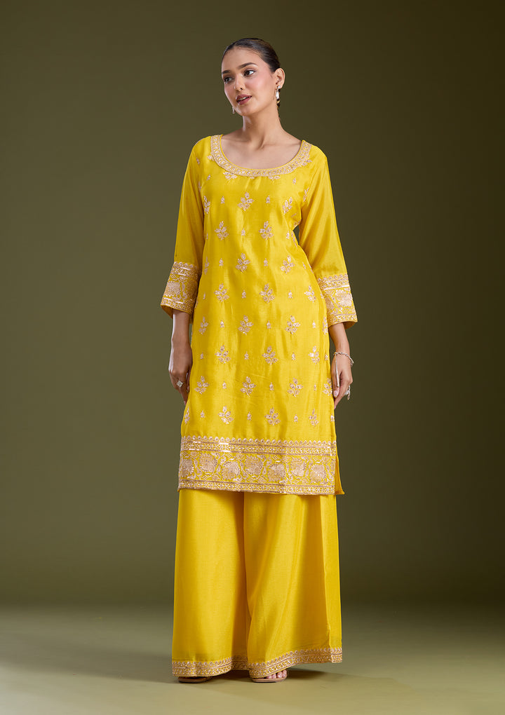 Yellow Sequins Soft Raw Silk Readymade Salwar Suit