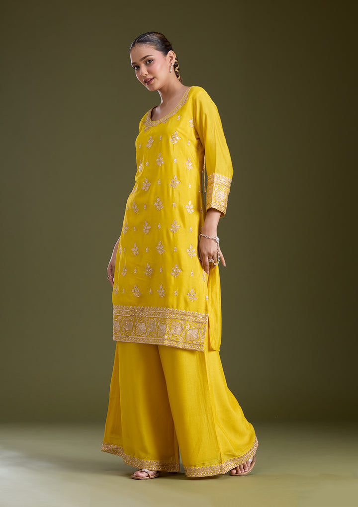 Yellow Sequins Soft Raw Silk Readymade Salwar Suit