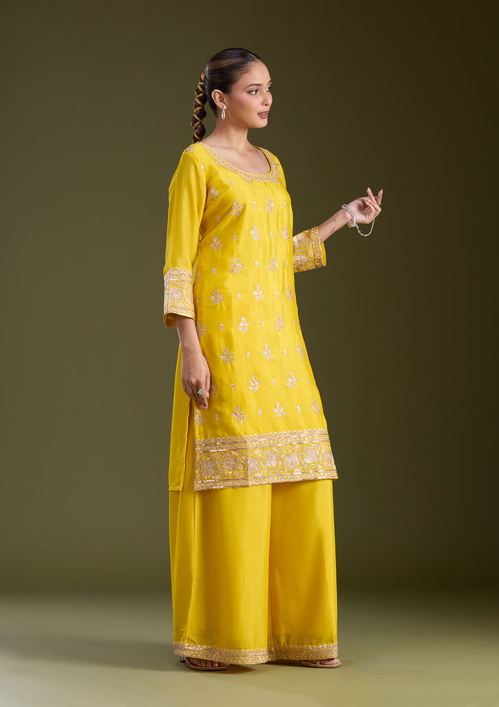 Yellow Sequins Soft Raw Silk Readymade Salwar Suit