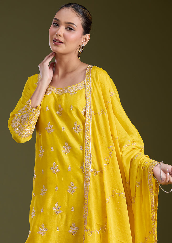 Yellow Sequins Soft Raw Silk Readymade Salwar Suit