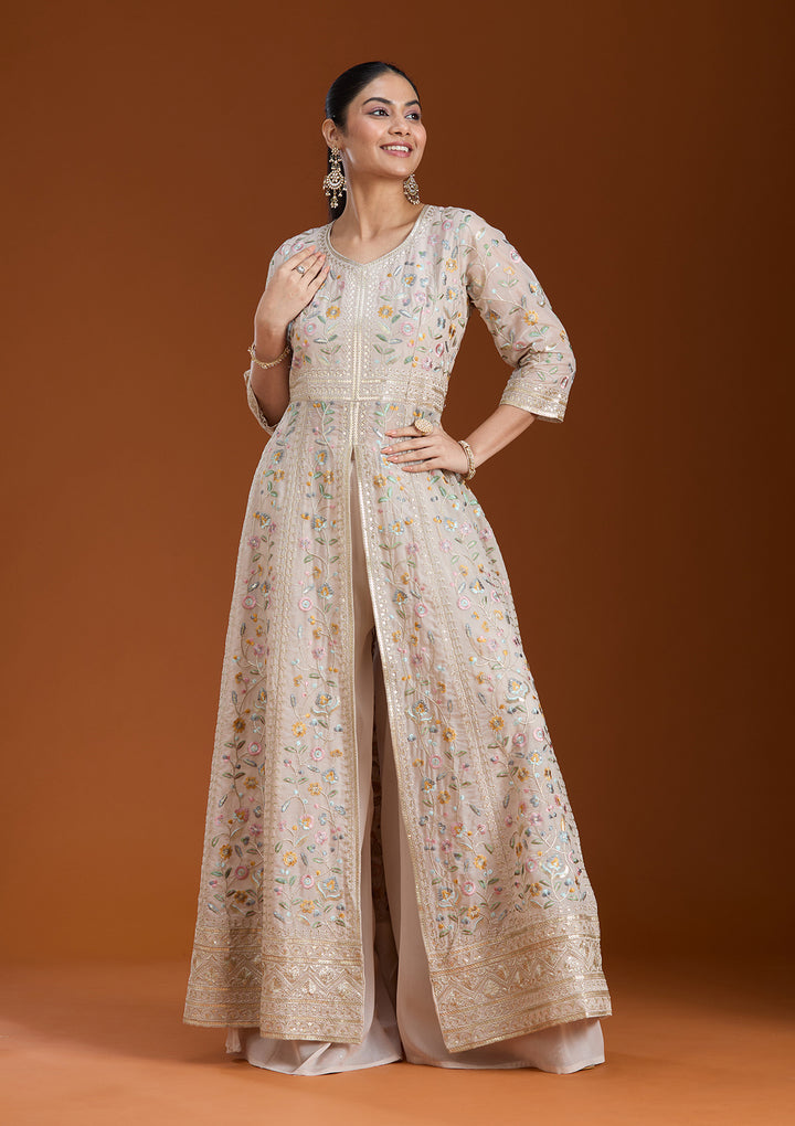 Beige Threadwork Georgette Readymade Salwar Suit