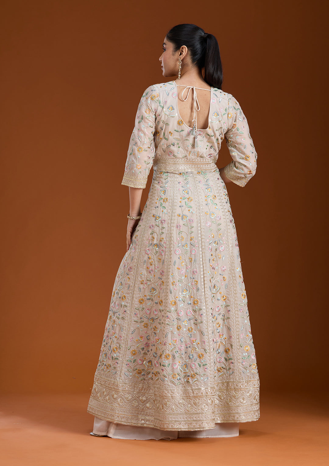 Beige Threadwork Georgette Readymade Salwar Suit