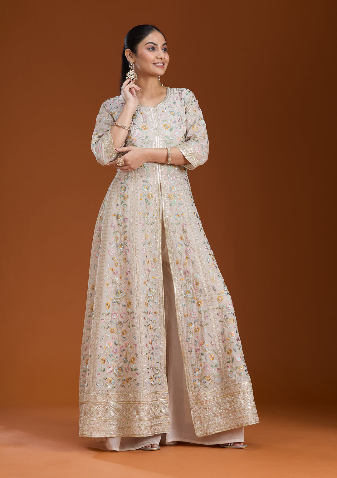 Beige Threadwork Georgette Readymade Salwar Suit