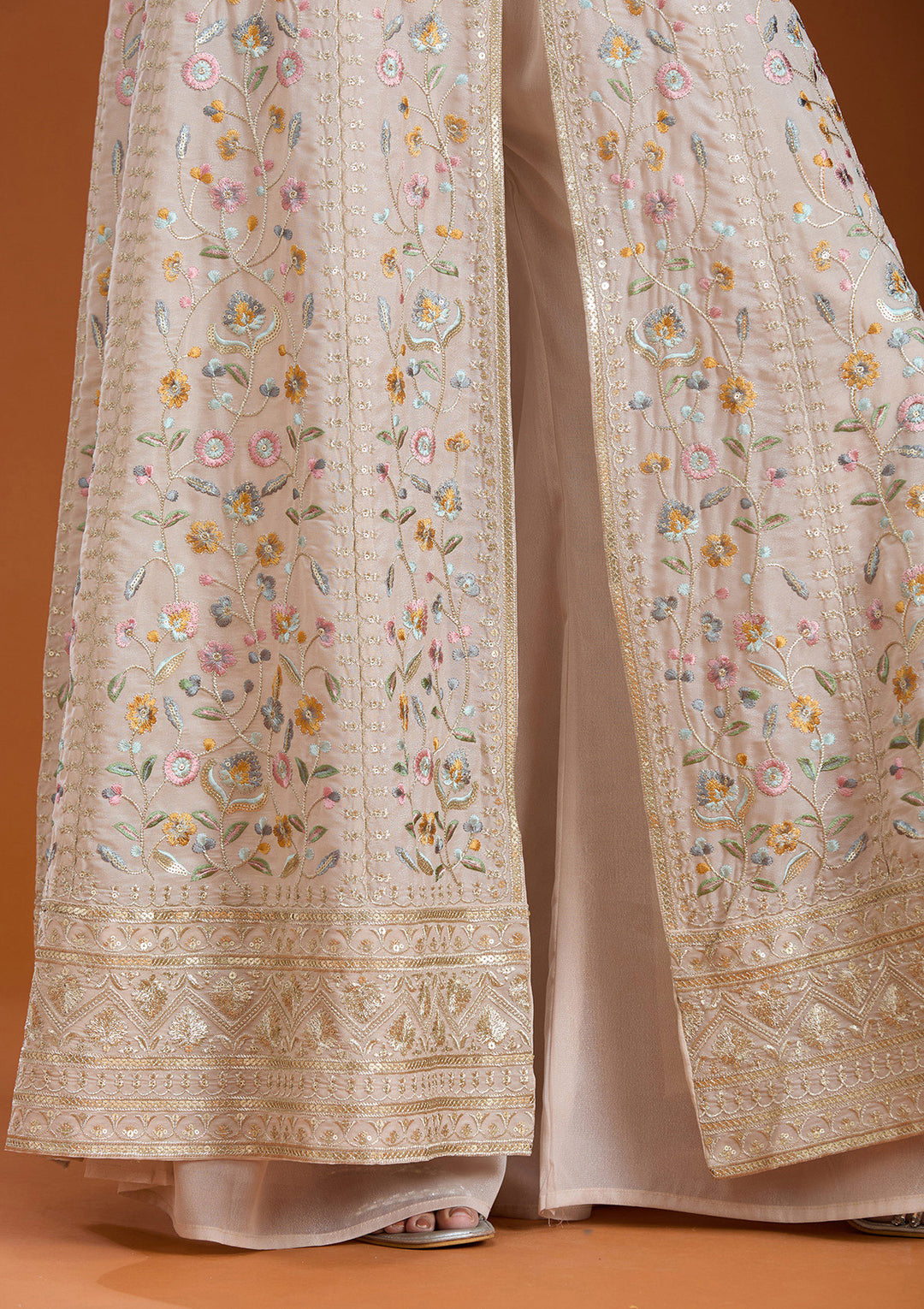 Beige Threadwork Georgette Readymade Salwar Suit