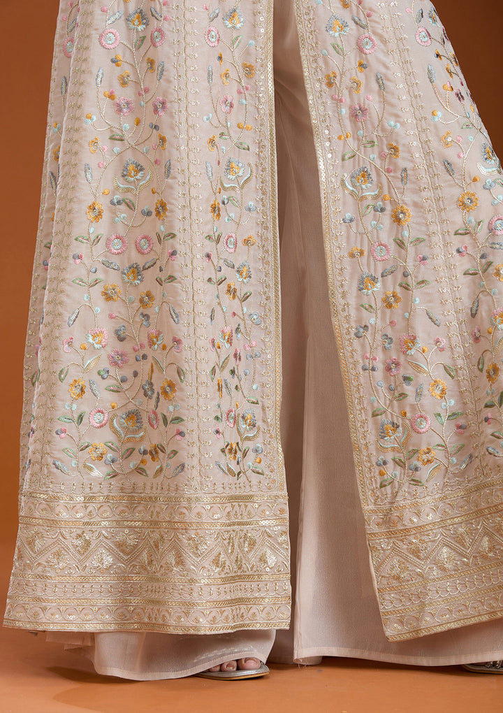 Beige Threadwork Georgette Readymade Salwar Suit