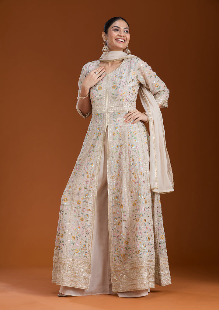 Beige Threadwork Georgette Readymade Salwar Suit