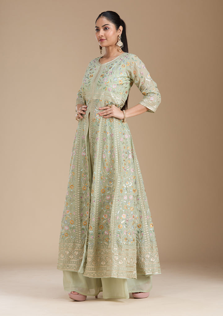 Sea Green Threadwork Georgette Readymade Salwar Suit