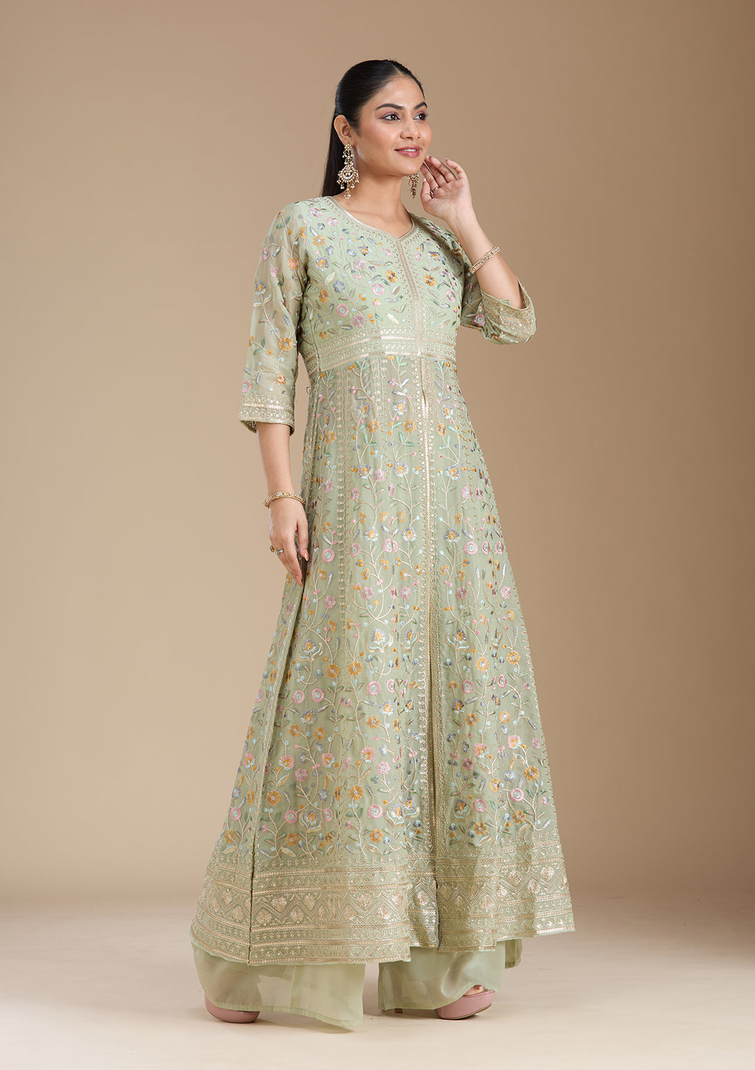 Sea Green Threadwork Georgette Readymade Salwar Suit