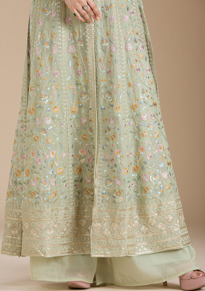 Sea Green Threadwork Georgette Readymade Salwar Suit