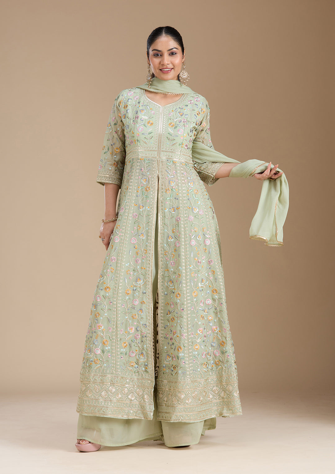 Sea Green Threadwork Georgette Readymade Salwar Suit