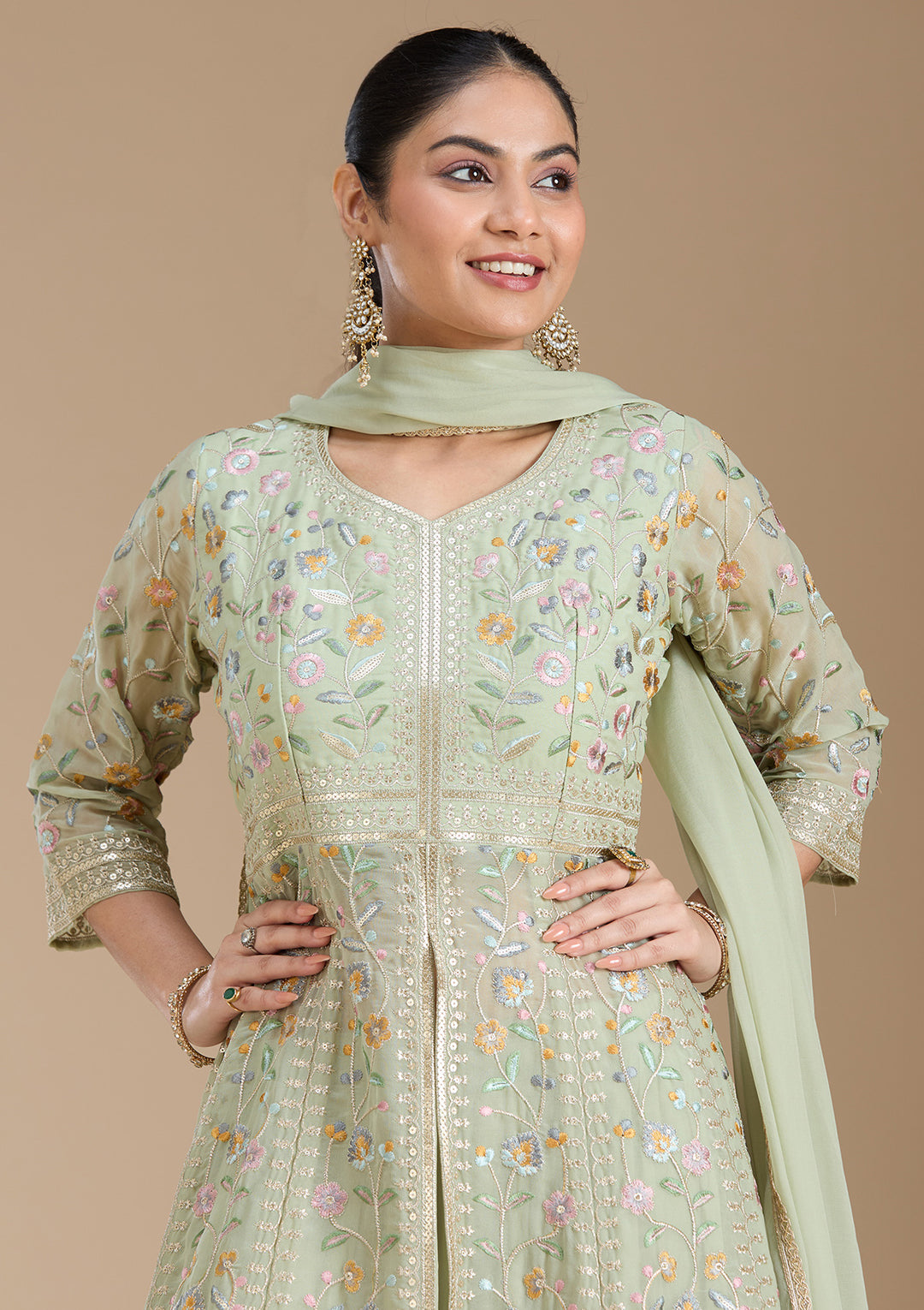 Sea Green Threadwork Georgette Readymade Salwar Suit