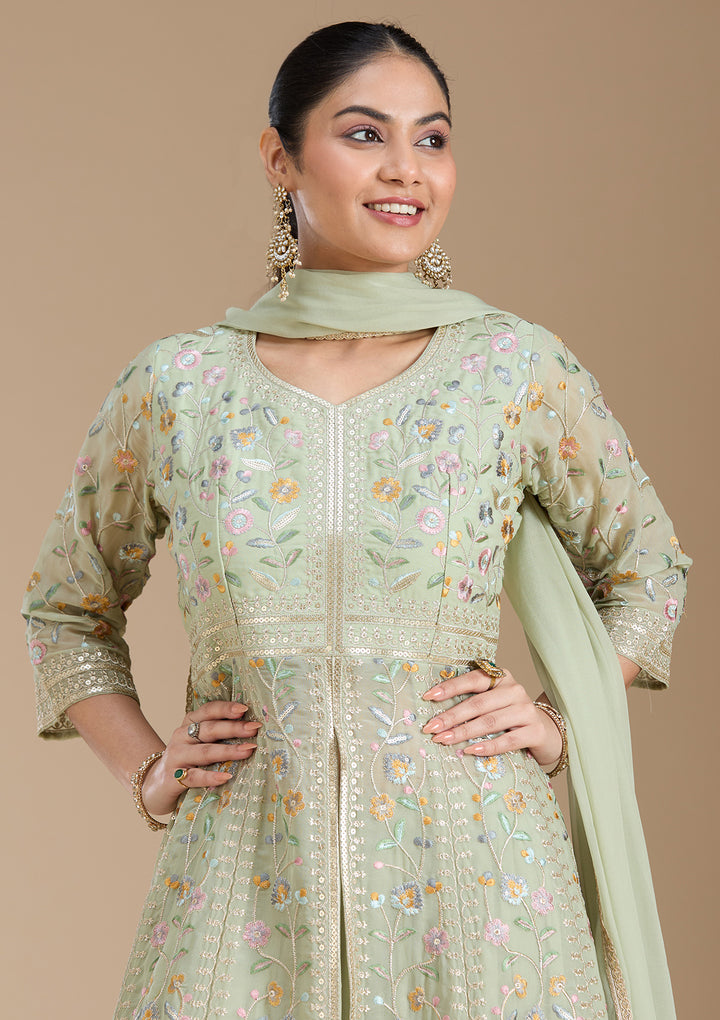 Sea Green Threadwork Georgette Readymade Salwar Suit