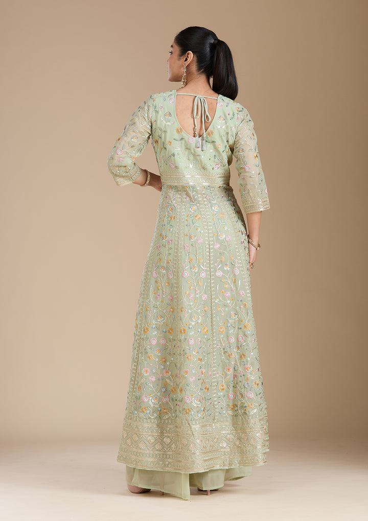 Sea Green Threadwork Georgette Readymade Salwar Suit