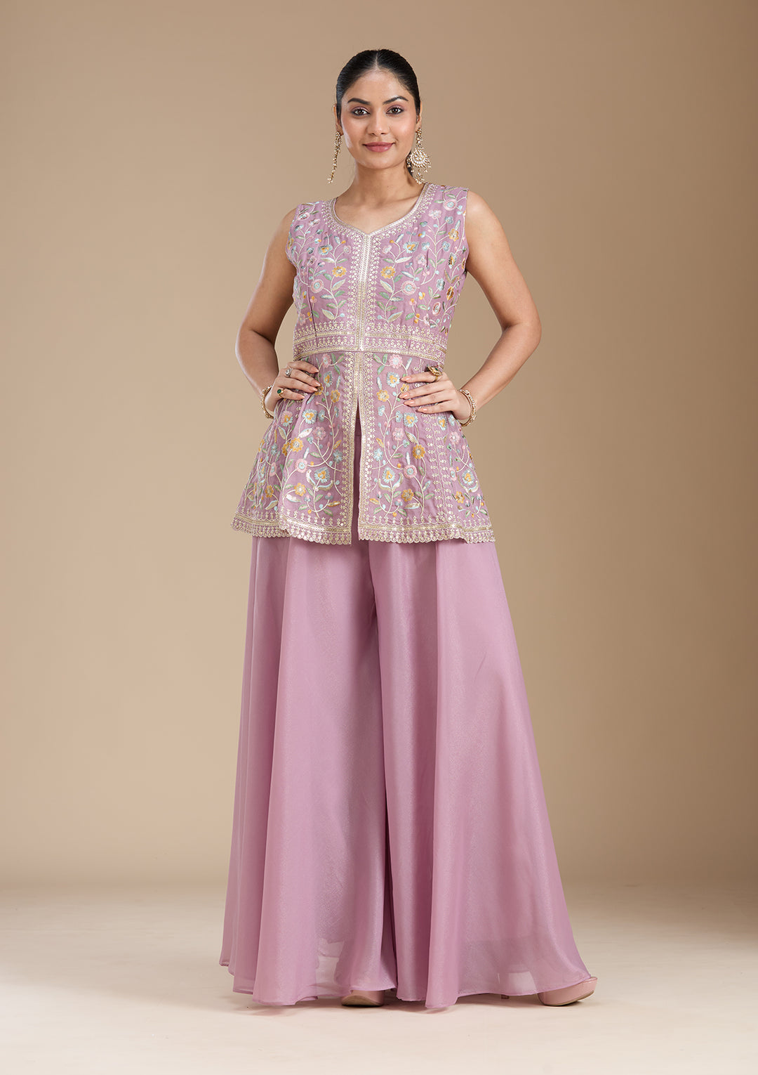 Mauve Threadwork Georgette Readymade Salwar Suit