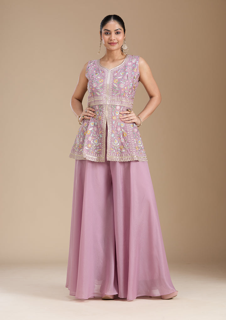 Mauve Threadwork Georgette Readymade Salwar Suit