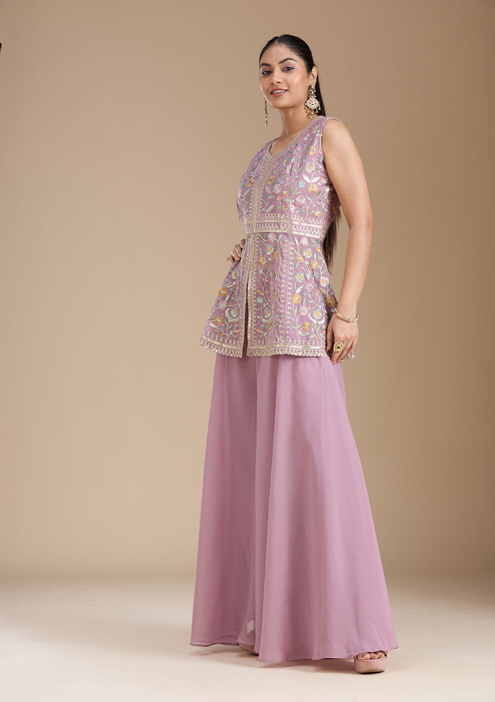 Mauve Threadwork Georgette Readymade Salwar Suit