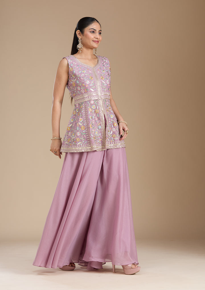 Mauve Threadwork Georgette Readymade Salwar Suit