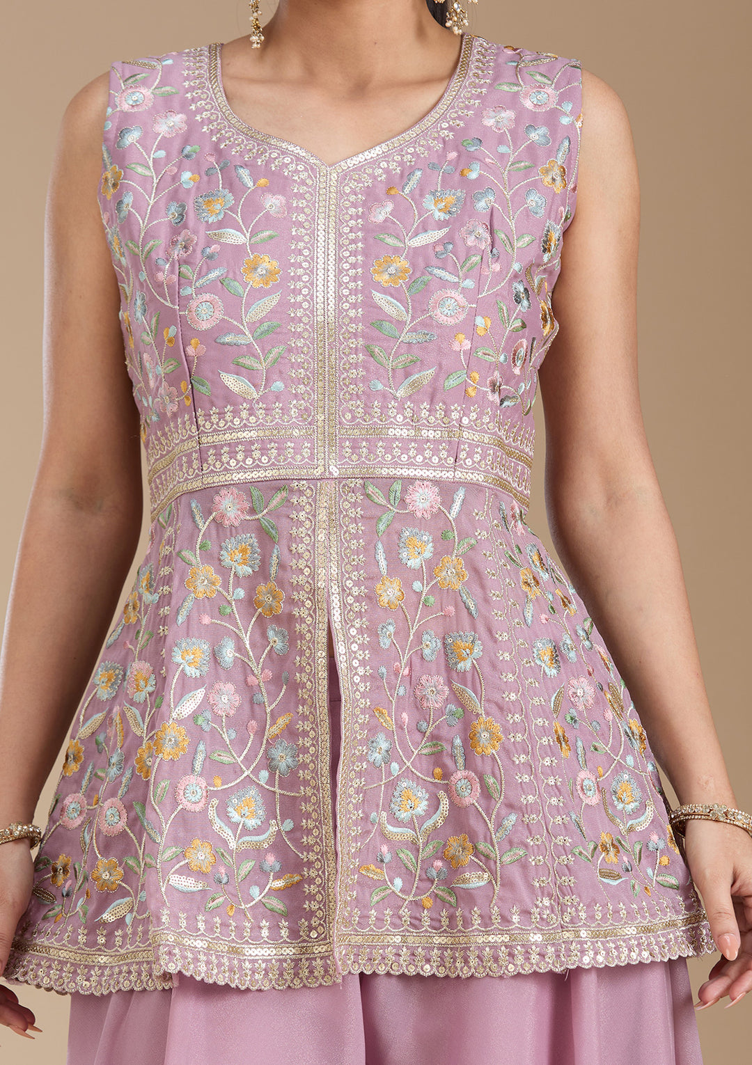 Mauve Threadwork Georgette Readymade Salwar Suit