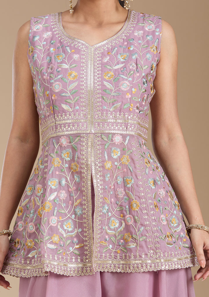 Mauve Threadwork Georgette Readymade Salwar Suit