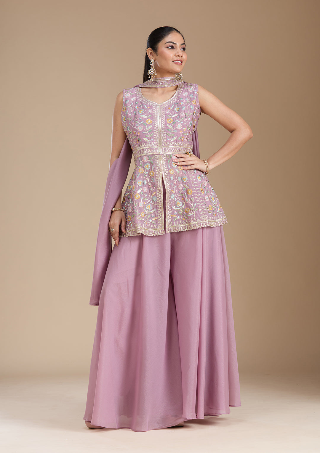 Mauve Threadwork Georgette Readymade Salwar Suit