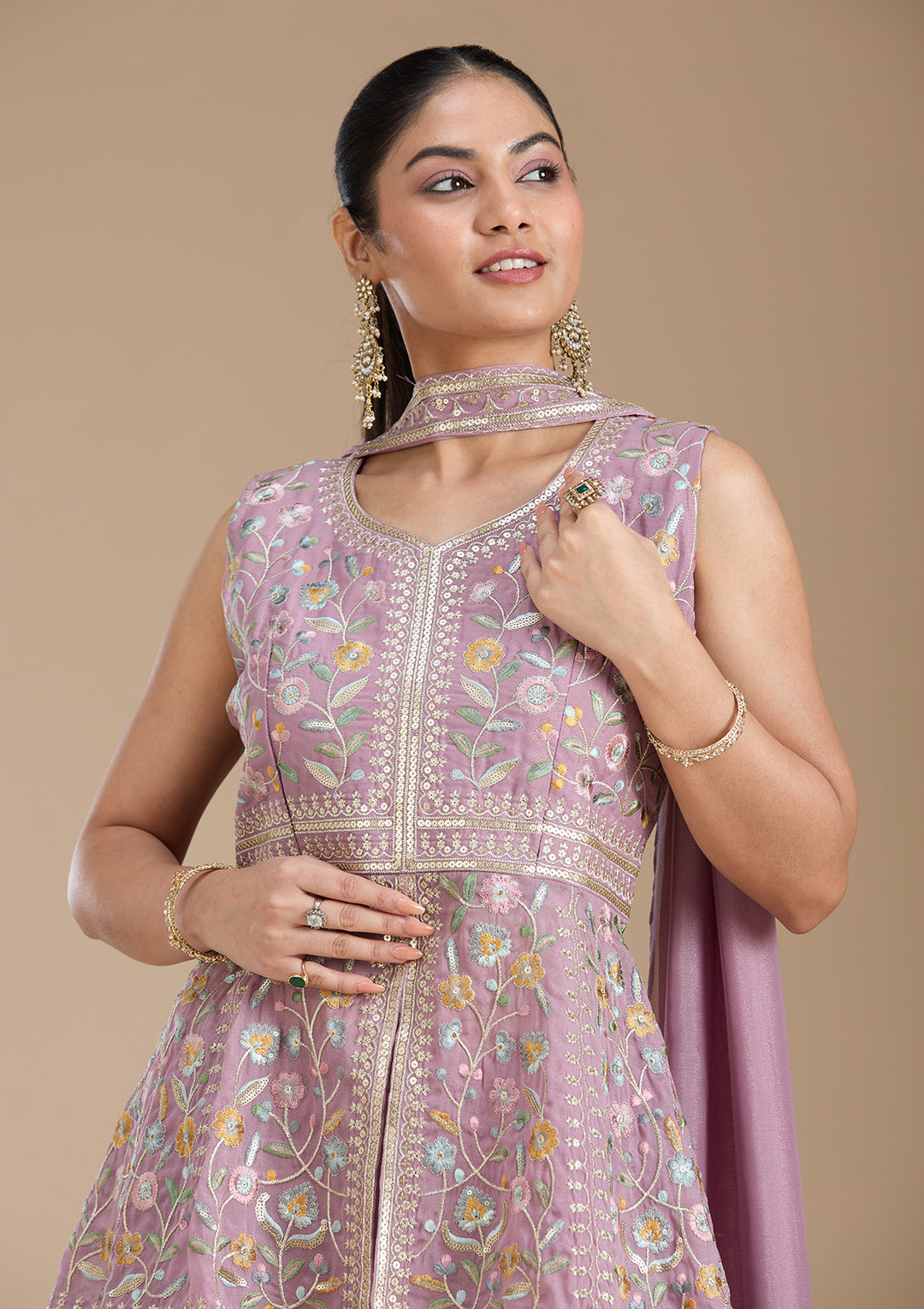 Mauve Threadwork Georgette Readymade Salwar Suit
