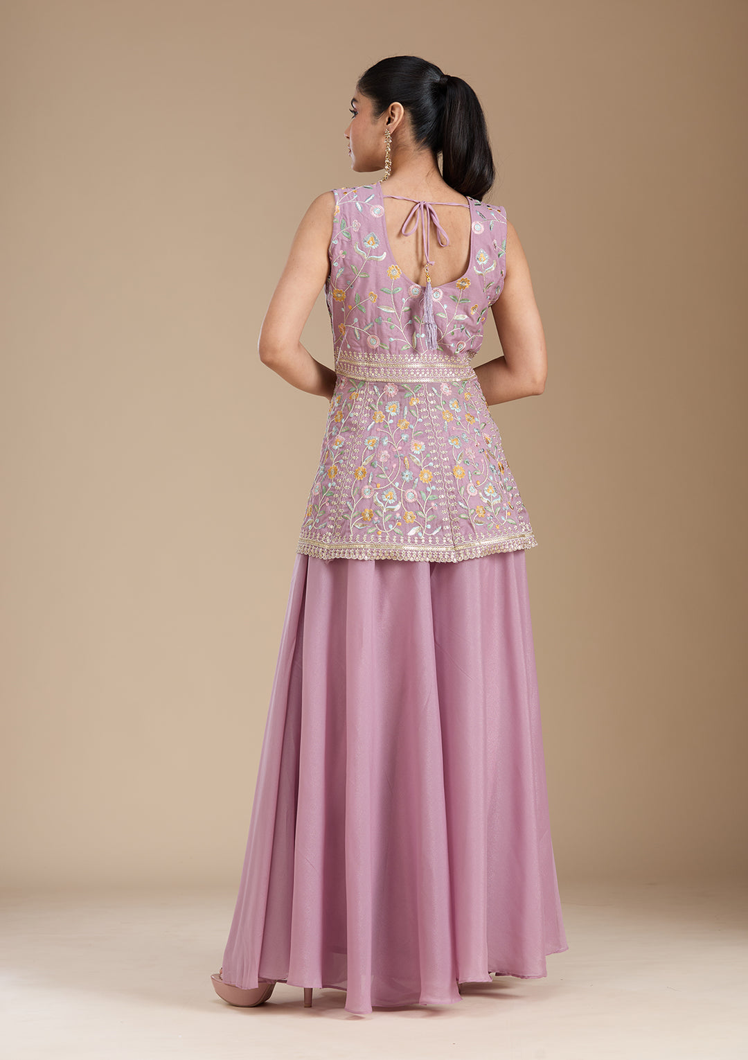 Mauve Threadwork Georgette Readymade Salwar Suit