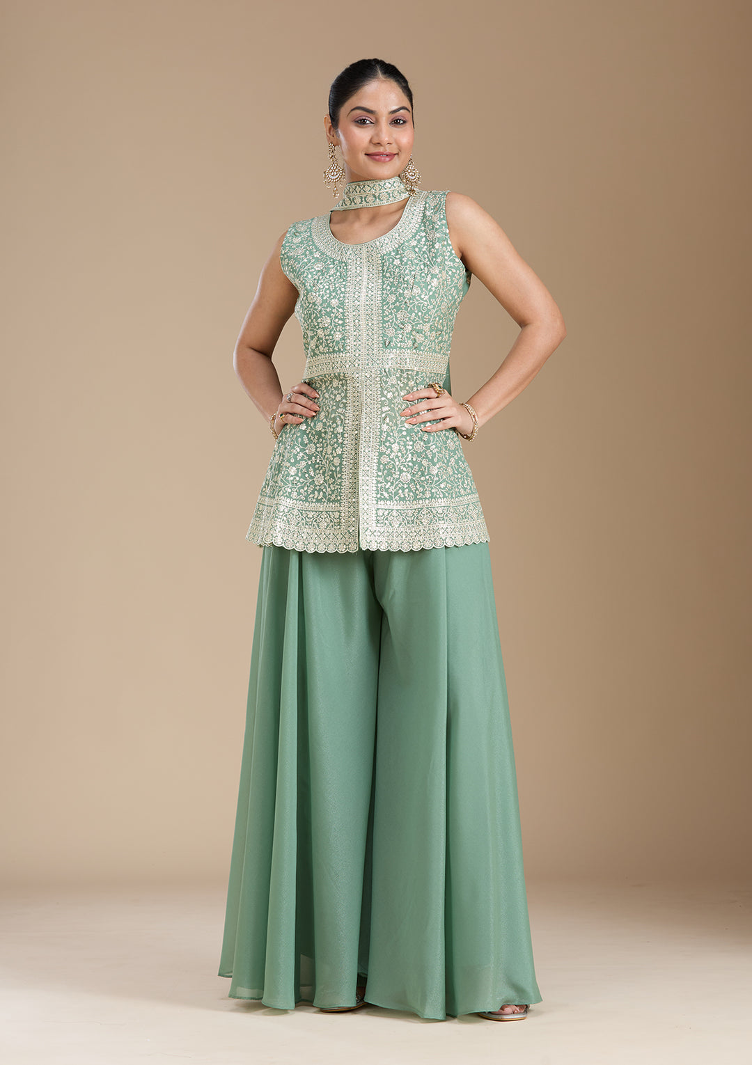 Leaf Green Zariwork (Gold) Georgette Readymade Salwar Suit