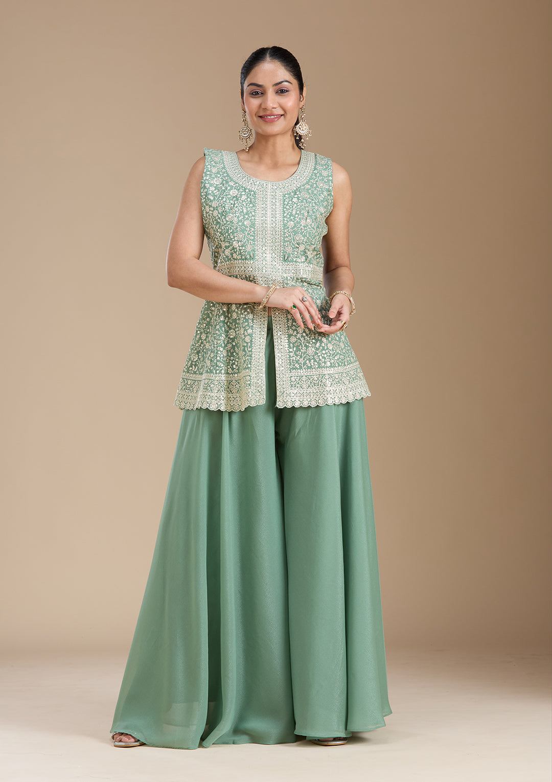 Leaf Green Zariwork (Gold) Georgette Readymade Salwar Suit