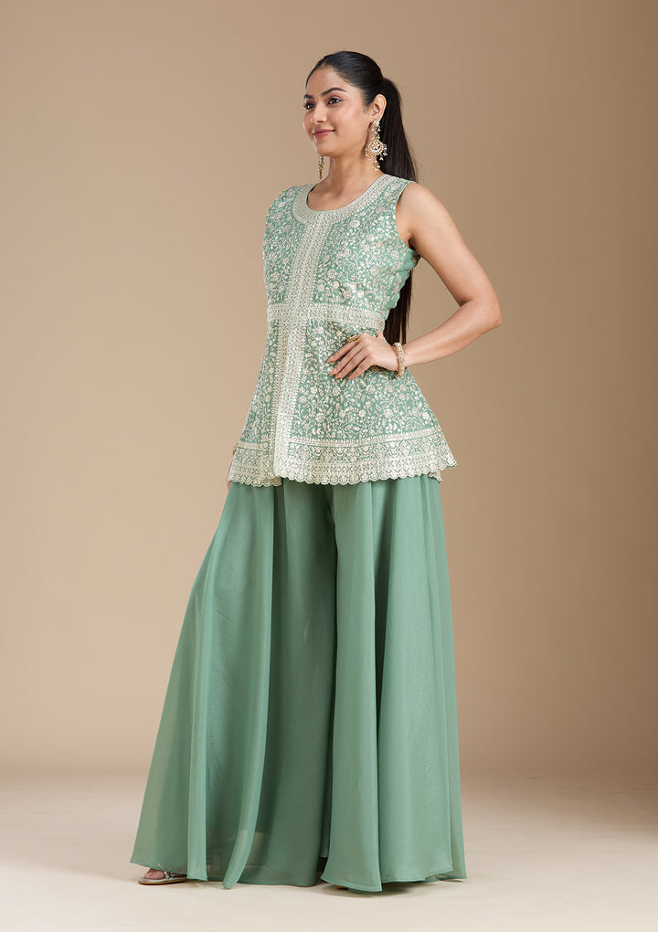 Leaf Green Zariwork (Gold) Georgette Readymade Salwar Suit