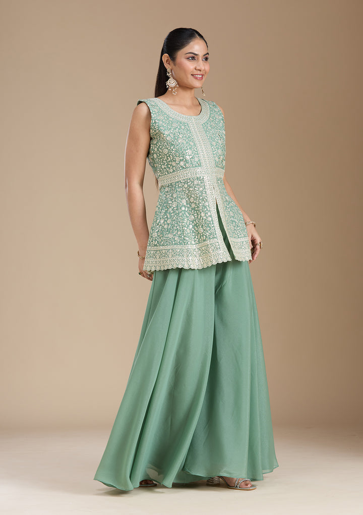 Leaf Green Zariwork (Gold) Georgette Readymade Salwar Suit