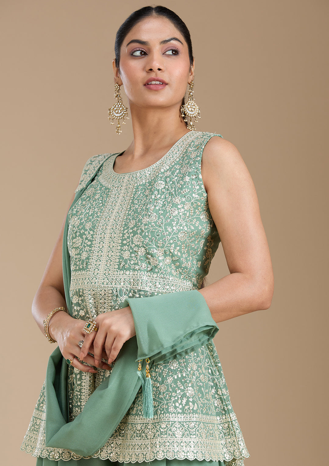 Leaf Green Zariwork (Gold) Georgette Readymade Salwar Suit