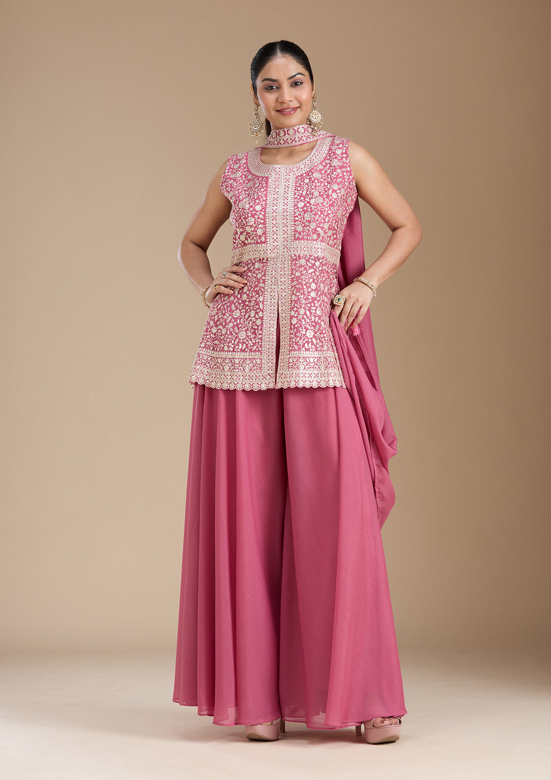 Pink Zariwork (Gold) Georgette Readymade Salwar Suit
