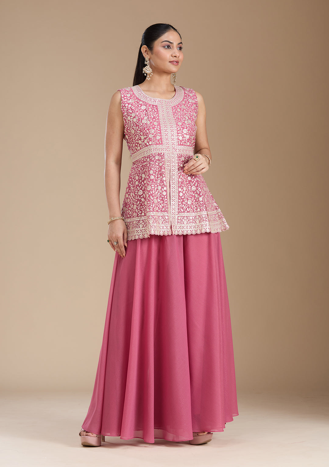 Pink Zariwork (Gold) Georgette Readymade Salwar Suit