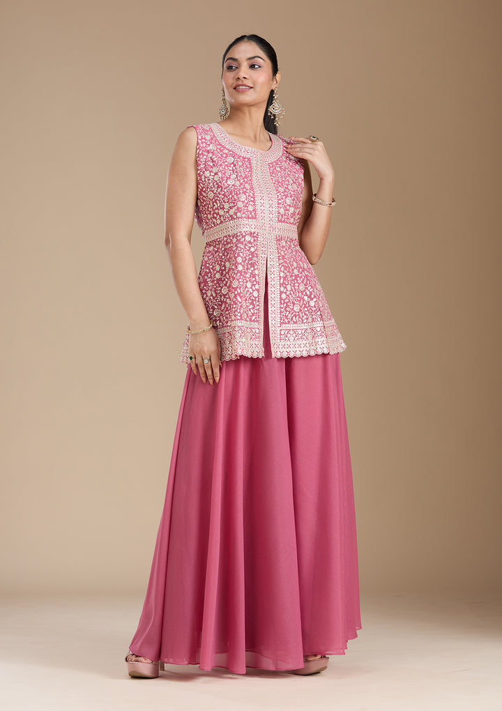 Pink Zariwork (Gold) Georgette Readymade Salwar Suit