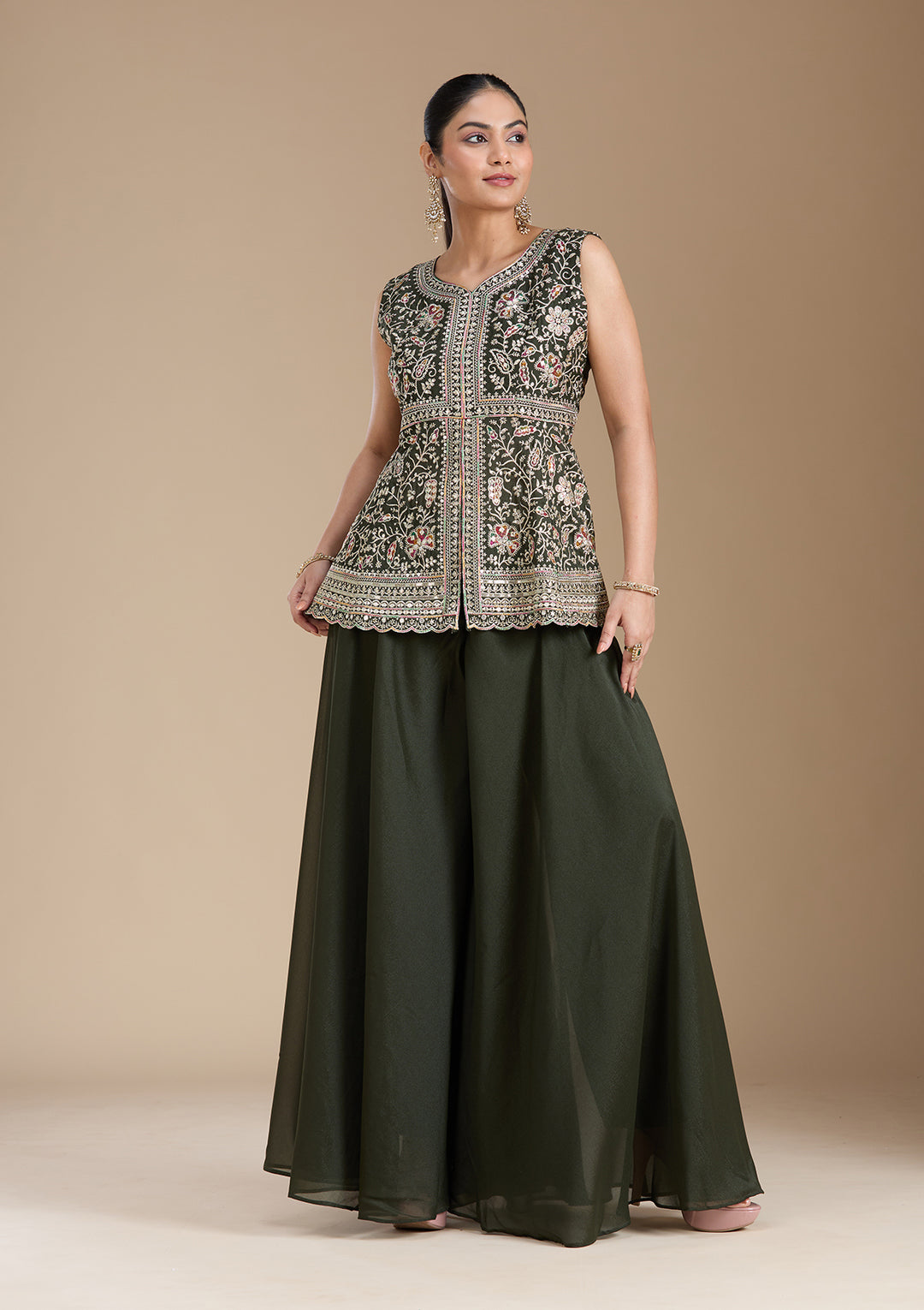 Bottle Green Zariwork (Gold) Georgette Readymade Salwar Suit