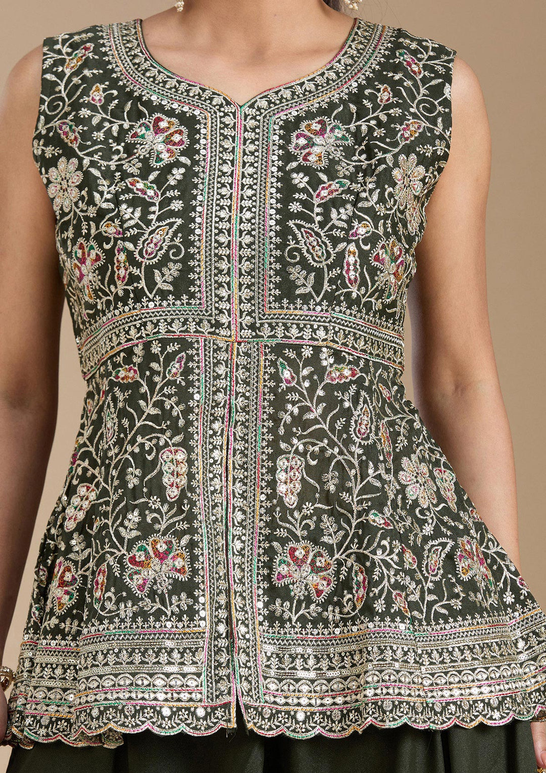 Bottle Green Zariwork (Gold) Georgette Readymade Salwar Suit