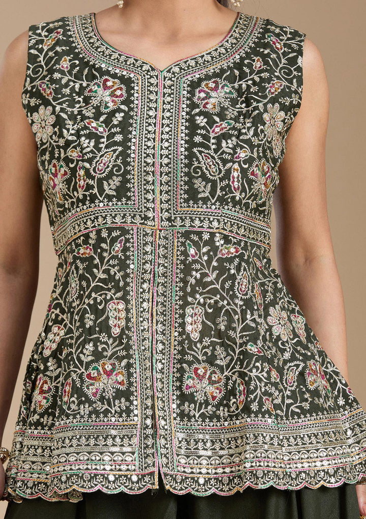 Bottle Green Zariwork (Gold) Georgette Readymade Salwar Suit