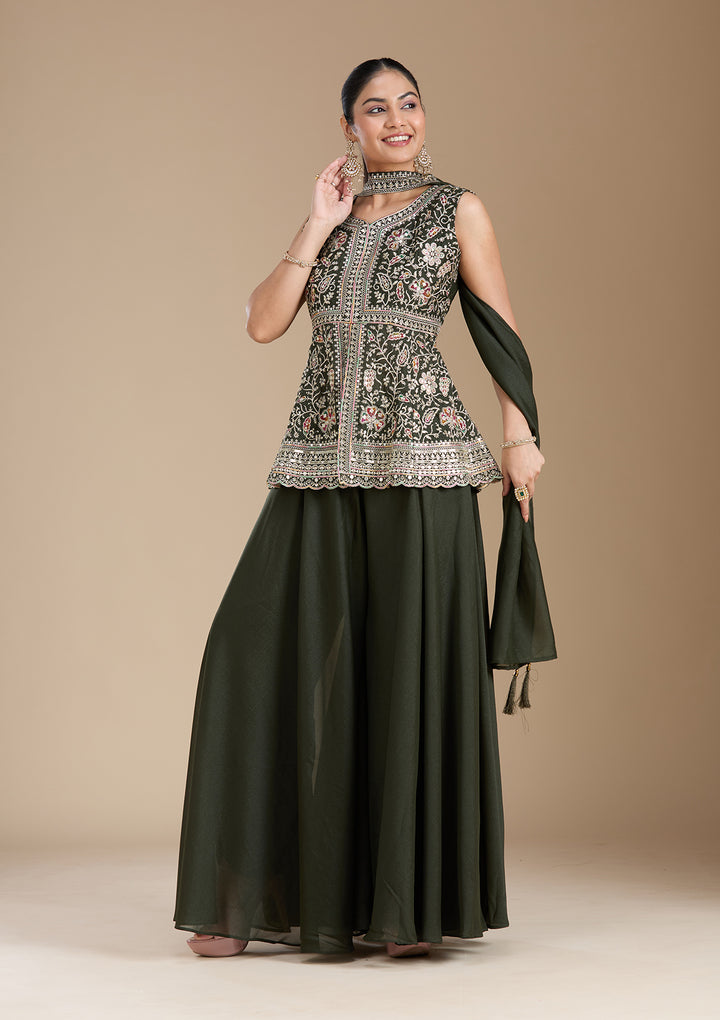 Bottle Green Zariwork (Gold) Georgette Readymade Salwar Suit